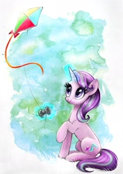 Size: 1500x2122 | Tagged: safe, artist:scheadar, starlight glimmer, pony, unicorn, rock solid friendship, female, glowing horn, kite, kite flying, magic, mare, raised hoof, sitting, solo, that pony sure does love kites, watercolor painting