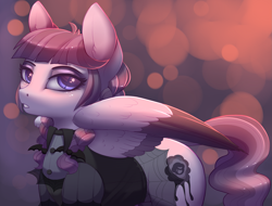 Size: 2849x2165 | Tagged: safe, artist:evehly, inky rose, pegasus, pony, honest apple, abstract background, blushing, clothes, colored wings, colored wingtips, ear fluff, eyeshadow, female, goth, lidded eyes, looking at you, makeup, mare, solo, wing fluff