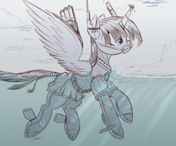 Size: 3000x2500 | Tagged: safe, artist:ncmares, twilight sparkle, twilight sparkle (alicorn), alicorn, boatpony, pony, boat, clothes, giant pony, horn impalement, kantai collection, macro, pantyhose, sketch, skirt, snorkel, submarine, swimming, tail wrap, uniform