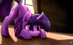Size: 1800x1100 | Tagged: safe, artist:noctilucent-arts, twilight sparkle, twilight sparkle (alicorn), alicorn, pony, behaving like a cat, cute, dock, dust motes, face down ass up, female, mare, smiling, solo, sunlight, twiabetes, twilight cat, window
