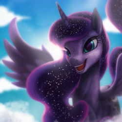 Size: 3000x2984 | Tagged: safe, artist:starblaze25, princess luna, alicorn, pony, backlighting, cloud, female, fluffy, huzzah, lidded eyes, looking at you, mare, missing accessory, open mouth, prone, sky, smiling, solo, spread wings, sun, wings