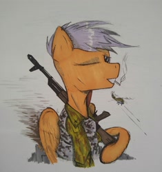 Size: 2986x3181 | Tagged: safe, artist:incrediblepanzer, scootaloo, pegasus, pony, ak, ak-74, assault rifle, bust, cigarette, clothes, gun, helicopter, military, military uniform, older, one eye closed, portrait, rifle, solo, weapon, wink