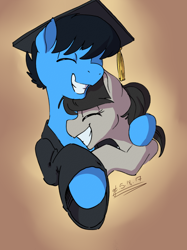 Size: 1280x1708 | Tagged: safe, artist:goat train, octavia melody, oc, oc:strumbeat strings, earth pony, pony, clothes, commission, eyes closed, female, graduation cap, hug, male, mare, smiling, stallion