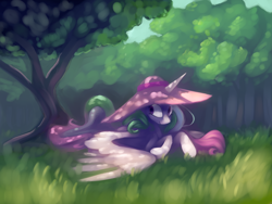 Size: 4000x3000 | Tagged: safe, artist:lilfunkman, princess celestia, alicorn, pony, cute, cutelestia, dappled sunlight, female, forest, grass, hat, mare, prone, shade, smiling, solo, sun hat, tree