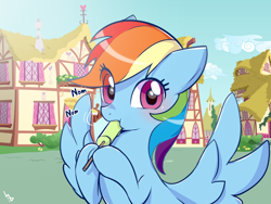 Size: 1024x768 | Tagged: safe, artist:haden-2375, rainbow dash, pegasus, pony, blushing, cute, dashabetes, female, floppy ears, food, hnnng, hoof hold, looking at you, mare, nom, popsicle, puffy cheeks, solo, spread wings, underhoof, wide eyes, wings