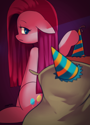 Size: 1159x1600 | Tagged: safe, artist:maren, madame leflour, pinkie pie, pony, hat, party hat, pinkamena diane pie, sad, sitting