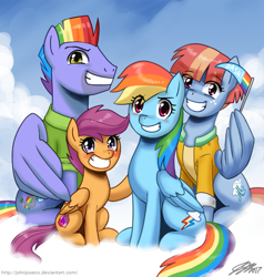 Size: 900x947 | Tagged: safe, artist:johnjoseco, bow hothoof, rainbow dash, scootaloo, windy whistles, pegasus, pony, awkward smile, blushing, clothes, cloud, cute, cutealoo, dashabetes, eye clipping through hair, family, female, filly, grin, looking at you, male, mare, pennant, rainbow dash's parents, scootalove, shirt, sky, smiling, smirk, spread wings, squee, stallion, windyhoof, wing hands, wings