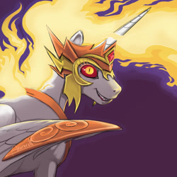 Size: 1000x1000 | Tagged: safe, artist:arareroll, daybreaker, alicorn, pony, a royal problem, armor, crazy eyes, evil, evil grin, female, grin, helmet, looking at you, majestic, mane of fire, mare, smiling, solo