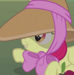 Size: 605x612 | Tagged: safe, screencap, apple bloom, pony, honest apple, adorabloom, animated, bow, cropped, cute, gif, hat, solo