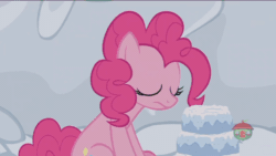 Size: 768x432 | Tagged: safe, screencap, pinkie pie, prince rutherford, pony, not asking for trouble, animated, brain freeze, cake, eating, food, gif, icicle, shivering, snow