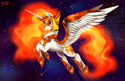 Size: 4000x2600 | Tagged: safe, artist:das_leben, daybreaker, alicorn, pony, a royal problem, armor, evil, female, flying, mare, signature, solo, space, stars