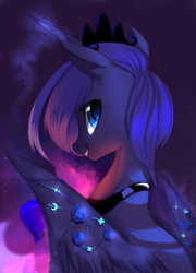Size: 865x1200 | Tagged: dead source, safe, artist:gianghanz, princess luna, alicorn, pony, abstract background, beautiful, cute, ear fluff, female, flower, glowing horn, jewelry, looking at you, looking back, lunabetes, mare, rear view, rose, s1 luna, sitting, smiling, solo, spread wings, wing jewelry, wings