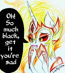 Size: 1200x1354 | Tagged: safe, artist:liaaqila, daybreaker, pony, a royal problem, bitch, dialogue, fangs, jewelry, mocking, regalia, scene interpretation, solo, speech bubble, traditional art