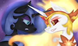 Size: 3600x2160 | Tagged: safe, artist:dixierarity, daybreaker, nightmare moon, alicorn, pony, a royal problem, day, female, fight, moon, night, nightmare, royal sisters, sisters, sun