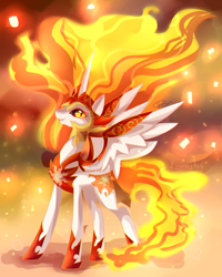 Size: 1280x1603 | Tagged: safe, artist:konnyart, daybreaker, alicorn, pony, a royal problem, female, helmet, hoof shoes, mane of fire, mare, slit eyes, smiling, solo, spread wings, wings