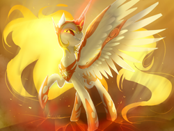 Size: 1024x768 | Tagged: safe, artist:nutty-stardragon, daybreaker, alicorn, pony, a royal problem, female, glowing horn, helmet, hoof shoes, looking at you, mare, raised hoof, smiling, solo