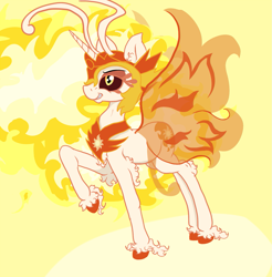 Size: 1413x1437 | Tagged: safe, artist:paskanaakka, daybreaker, breezie, a royal problem, abstract background, breeziefied, chest fluff, colored hooves, ear fluff, grin, raised hoof, smiling, solo, species swap, spread wings, unshorn fetlocks, wings