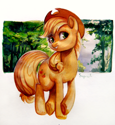 Size: 1260x1370 | Tagged: safe, artist:sapraitlond, applejack, earth pony, pony, forest, solo, traditional art, tree, underhoof, unshorn fetlocks