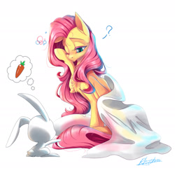 Size: 1890x1890 | Tagged: safe, artist:icerrhythm, angel bunny, fluttershy, pegasus, pony, blanket, carrot, chest fluff, food, lidded eyes, one eye closed, simple background, sitting, sleepy, thought bubble, waking up, white background