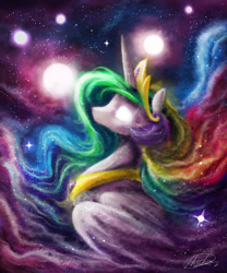 Size: 1772x2126 | Tagged: safe, artist:icerrhythm, princess celestia, alicorn, pony, crown, jewelry, nebula, peytral, regalia, solo, space, stars