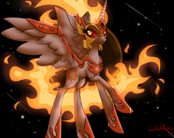 Size: 2500x1979 | Tagged: safe, artist:confuddling, daybreaker, alicorn, pony, a royal problem, armor, black background, female, flying, mare, simple background, solo