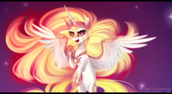 Size: 2808x1544 | Tagged: dead source, safe, artist:mp-printer, daybreaker, alicorn, pony, a royal problem, evil, fangs, female, helmet, mare, open mouth, scene interpretation, smiling, solo, spread wings, wings