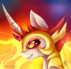 Size: 1024x993 | Tagged: safe, artist:konnyart, daybreaker, alicorn, pony, a royal problem, crying, drool, fangs, female, grin, helmet, mare, smiling, solo