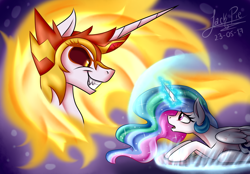 Size: 2300x1600 | Tagged: safe, artist:jack-pie, daybreaker, princess celestia, alicorn, pony, a royal problem, duality, duo, evil grin, fangs, female, grin, looking at each other, mare, smiling