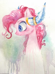 Size: 1224x1632 | Tagged: safe, artist:wacky-skiff, pinkie pie, earth pony, pony, not asking for trouble, bust, colored pupils, helmet, honorary yak horns, horned helmet, solo, traditional art, viking helmet, watercolor painting, yak horns