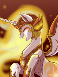 Size: 1024x1365 | Tagged: safe, artist:foxcarp, daybreaker, alicorn, pony, a royal problem, armor, eyes closed, female, laughing, mare, open mouth, solo