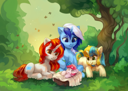 Size: 1024x732 | Tagged: safe, artist:share dast, minuette, oc, oc:crystal nova, oc:starlight, butterfly, pony, unicorn, baby, baby pony, commission, cute, family, family photo, fanfic, fanfic art, female, filly, foal, forest, grass, mare, scenery, smiling, tree