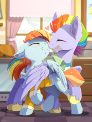 Size: 967x1280 | Tagged: safe, artist:hioshiru, bow hothoof, windy whistles, pegasus, pony, boop, bowabetes, canon couple, chromatic aberration, cute, daaaaaaaaaaaw, ear fluff, eyes closed, female, floppy ears, heart, hnnng, husband and wife, kitchen, love, male, mare, married couple, noseboop, outfit, precious, rainbow dash's parents, shipping, stallion, straight, windybetes, windyhoof