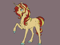 Size: 800x600 | Tagged: safe, artist:dementra369, sunset shimmer, pony, unicorn, curved horn, female, mare, raised hoof, simple background, solo