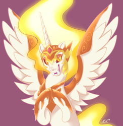 Size: 1280x1313 | Tagged: safe, artist:mlpfwb, daybreaker, alicorn, pony, a royal problem, fangs, female, helmet, mane of fire, mare, open mouth, purple background, simple background, smiling, solo, spread wings, wings