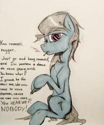 Size: 1465x1769 | Tagged: safe, artist:incrediblepanzer, screw loose, earth pony, pony, cigarette, female, mare, solo, text, traditional art, vulgar