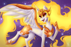 Size: 3000x2000 | Tagged: safe, artist:monogy, daybreaker, alicorn, pony, a royal problem, fangs, female, helmet, lidded eyes, looking at you, mane of fire, mare, open mouth, smiling, solo