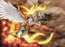 Size: 3680x2662 | Tagged: safe, artist:vinicius040598, daybreaker, alicorn, horse, pony, a royal problem, armor, fire, open mouth, rearing, solo, tongue out