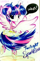 Size: 581x885 | Tagged: safe, artist:liaaqila, twilight sparkle, twilight sparkle (alicorn), alicorn, pony, a royal problem, ballerina, looking at you, solo, traditional art, tutu, twilarina