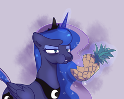 Size: 1280x1020 | Tagged: safe, artist:haden-2375, princess luna, alicorn, pony, a royal problem, eating, food, levitation, lidded eyes, magic, pineapple, solo, telekinesis