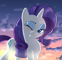 Size: 2393x2315 | Tagged: safe, artist:skyart301, rarity, pony, unicorn, blushing, cloud, eyeshadow, female, mare, sky, sunset, wink