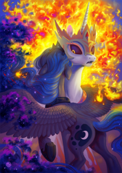 Size: 1000x1414 | Tagged: safe, artist:stasysolitude, daybreaker, princess luna, alicorn, pony, a royal problem, alternate timeline, armor, crown, cute, diabreaker, duo, ethereal mane, female, fire, floppy ears, hug, jewelry, mane of fire, mare, moonbutt, neck hug, open mouth, plot, raised hoof, regalia, role reversal, royal sisters, sad, siblings, sisterly love, sisters, spread wings, starry mane, surprised, sweet dreams fuel, tiara, wings