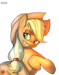 Size: 1565x1989 | Tagged: safe, artist:skyart301, applejack, earth pony, pony, female, freckles, lidded eyes, looking at you, mare, raised hoof, smiling, solo, stetson