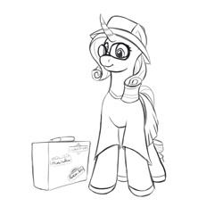 Size: 2000x2000 | Tagged: safe, artist:redquoz, rarity, pony, unicorn, bumper sticker, clothes, curls, dress, dressup, female, hat, looking offscreen, mare, solo, suitcase, sunglasses, travelling