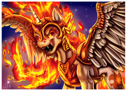 Size: 1024x739 | Tagged: safe, artist:crazydragonqueen, daybreaker, alicorn, pony, a royal problem, evil grin, grin, mane of fire, scene interpretation, sharp teeth, smiling, solo, stars, teeth