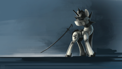 Size: 1920x1080 | Tagged: dead source, safe, artist:shamanguli, oc, oc only, pony, robot, unicorn, armor, head turn, helmet, katana, looking back, solo, sword, weapon