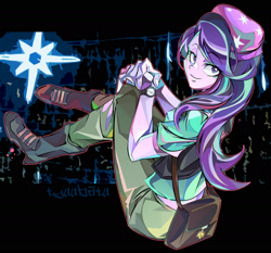 Size: 1600x1493 | Tagged: safe, artist:tyuubatu, starlight glimmer, equestria girls, mirror magic, spoiler:eqg specials, beanie, clothes, hat, looking at you, pants, smiling, solo