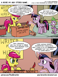 Size: 885x1163 | Tagged: safe, artist:pony-berserker, spike, twilight sparkle, twilight sparkle (alicorn), oc, oc:sweet words, alicorn, dragon, pony, fame and misfortune, comic, dialogue, hilarious in hindsight, i can't believe it's not idw, speech bubble