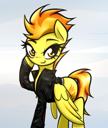 Size: 2508x2956 | Tagged: safe, artist:jetwave, spitfire, pegasus, pony, abstract background, clothes, female, gradient background, jacket, mare, raised hoof, smiling, solo