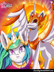 Size: 742x1000 | Tagged: safe, artist:clouddg, daybreaker, princess celestia, alicorn, pony, a royal problem, crown, crying, duality, duo, fangs, female, helmet, mare, regalia