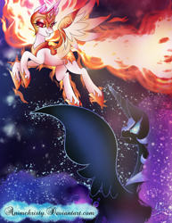 Size: 1024x1325 | Tagged: safe, artist:animechristy, daybreaker, nightmare moon, alicorn, pony, a royal problem, confrontation, duo, fangs, female, helmet, looking at each other, royal sisters, sisters, stars